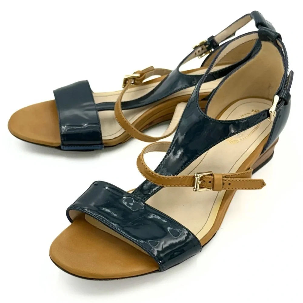 Tod’s T-Strap Demi‎ Wedge Sandals EU 36 Navy Beige Patent Leather Designer